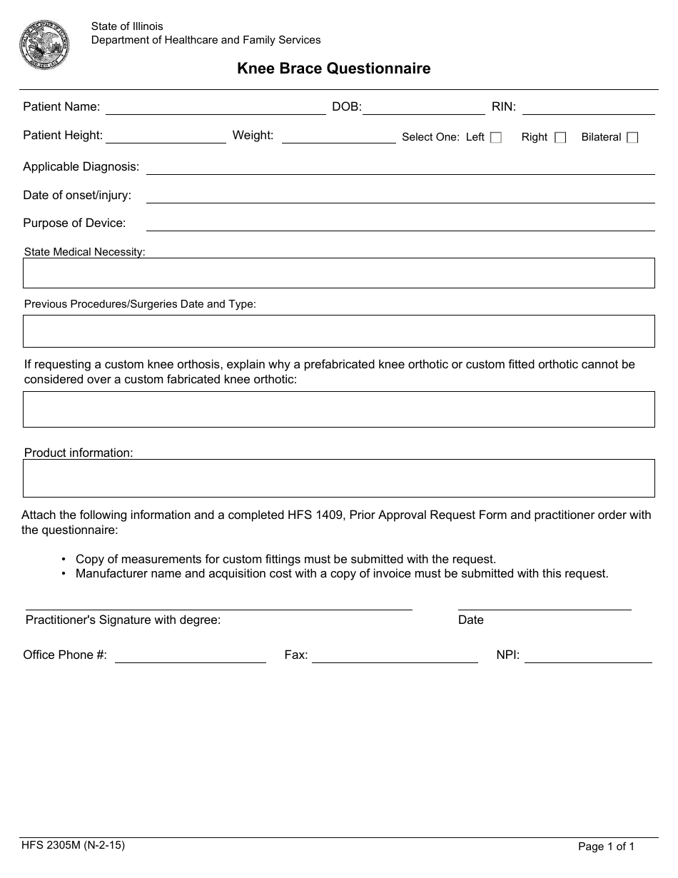 Form HFS2305M Knee Brace Questionnaire - Illinois, Page 1