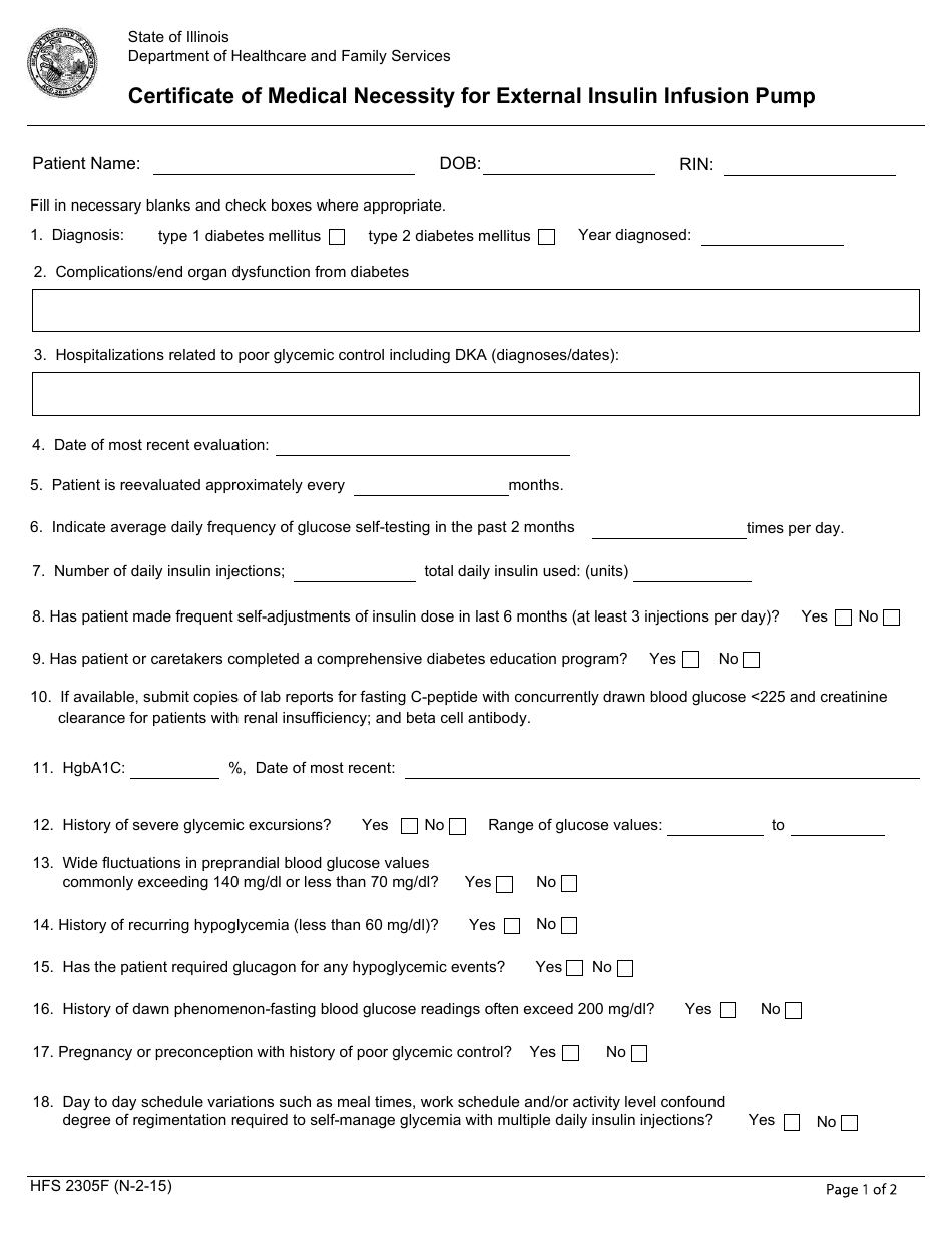 Form HFS2305F Certificate of Medical Necessity for External Insulin Infusion Pump - Illinois, Page 1