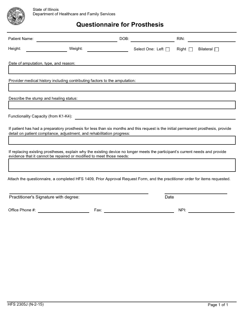 Form HFS2305J Questionnaire for Prosthesis - Illinois