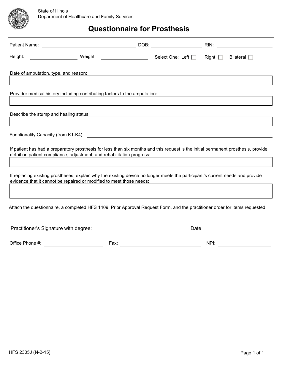 Form HFS2305J Questionnaire for Prosthesis - Illinois, Page 1