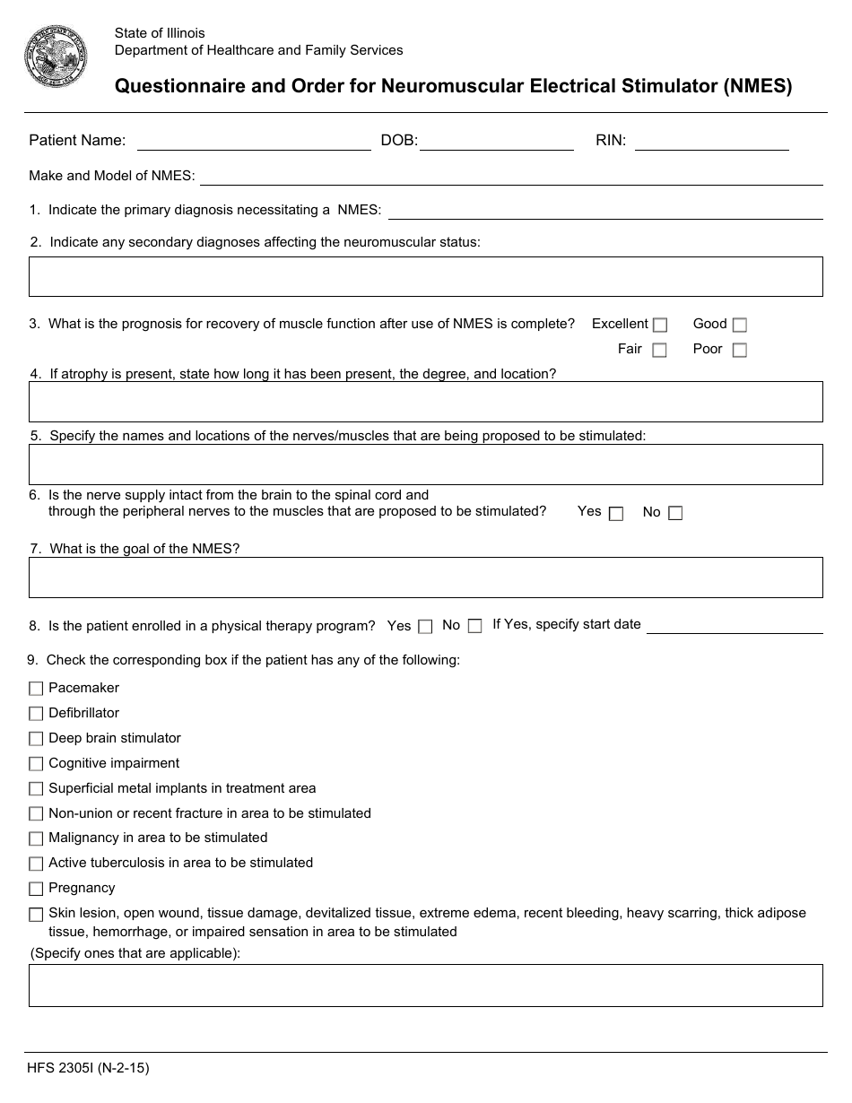 Form HFS2305I Questionnaire and Order for Neuromuscular Electrical Stimulator (Nmes) - Illinois, Page 1