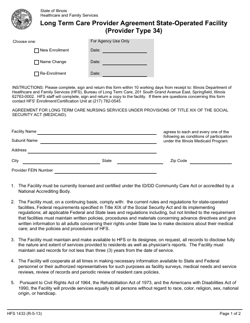 Form HFS1433 Long Term Care Provider Agreement State-Operated Facility (Provider Type 34) - Illinois