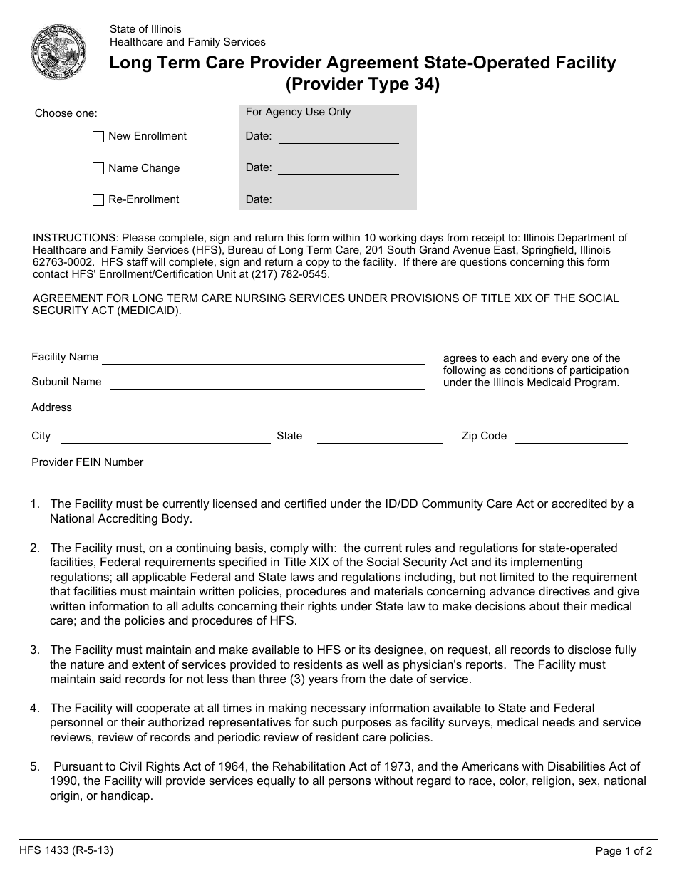 Form HFS1433 Long Term Care Provider Agreement State-Operated Facility (Provider Type 34) - Illinois, Page 1