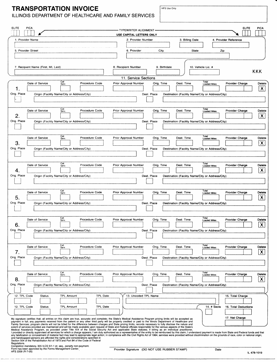 Form HFS2209 Transportation Invoice - Illinois, Page 1
