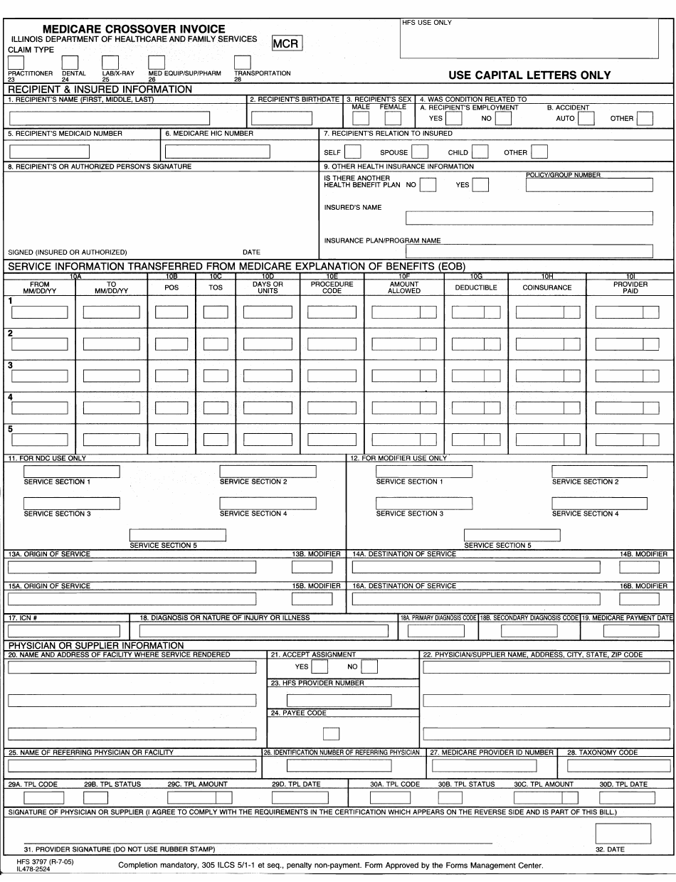 Form HFS3797 Medicare Crossover Invoice - Illinois, Page 1