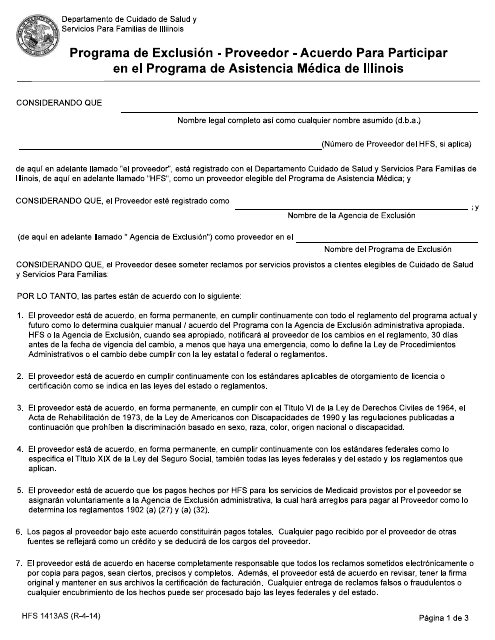 Formulario HFS1413AS Programa De Exclusion - Proveedor - Acuerdo Para Participar En El Programa De Asistencia Medica De Illinois - Illinois (Spanish)