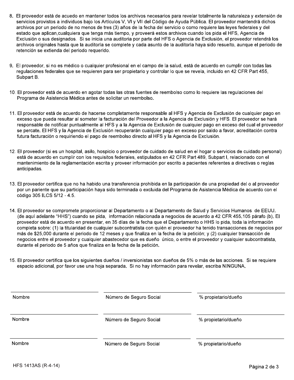Formulario HFS1413AS Programa De Exclusion - Proveedor - Acuerdo Para Participar En El Programa De Asistencia Medica De Illinois - Illinois (Spanish), Page 2