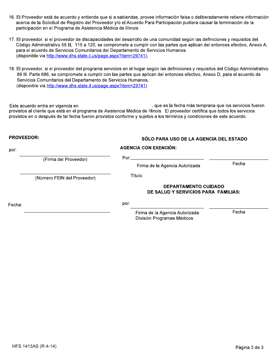 Formulario HFS1413AS Programa De Exclusion - Proveedor - Acuerdo Para Participar En El Programa De Asistencia Medica De Illinois - Illinois (Spanish), Page 3