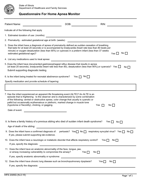 Form HFS2305G Questionnaire for Home Apnea Monitor - Illinois