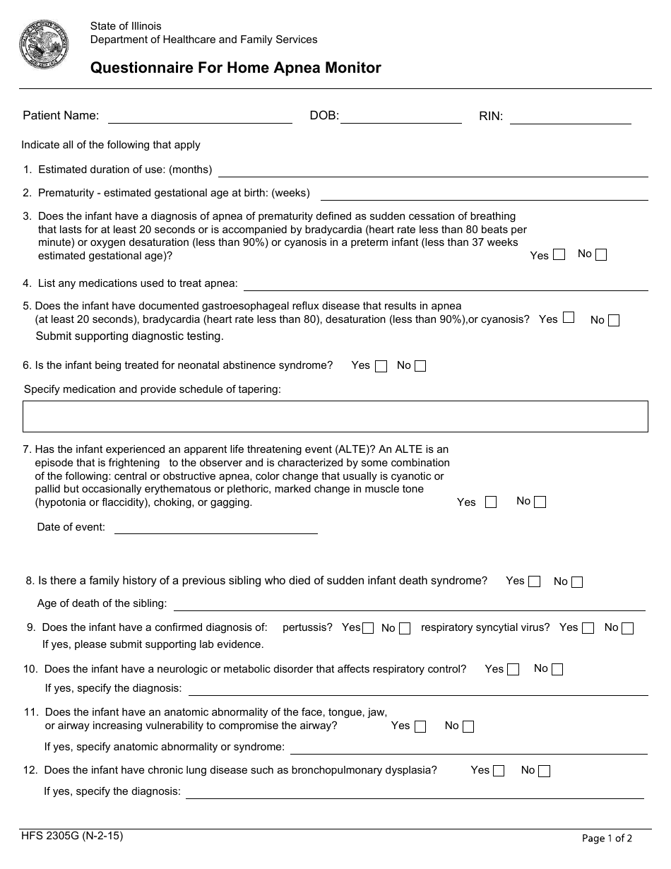 Form HFS2305G Questionnaire for Home Apnea Monitor - Illinois, Page 1