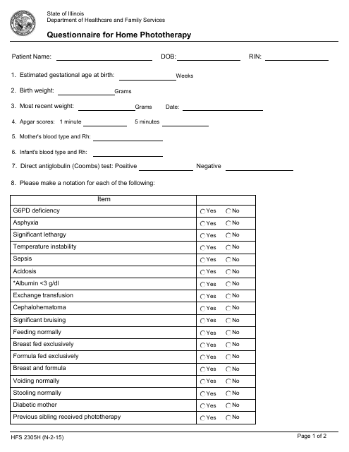 Form HFS2305H Questionnaire for Home Phototherapy - Illinois