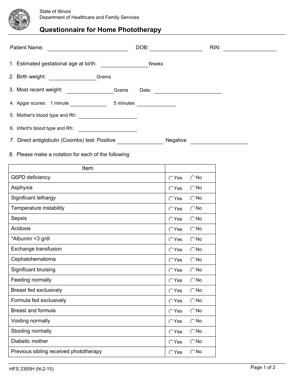 Form HFS2305H Questionnaire for Home Phototherapy - Illinois, Page 1