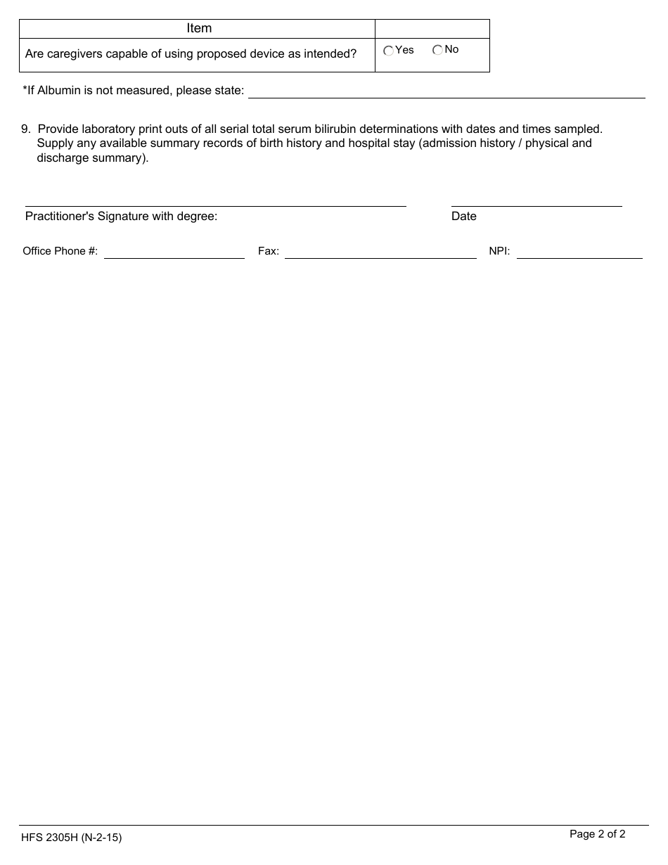 Form HFS2305H Questionnaire for Home Phototherapy - Illinois, Page 2