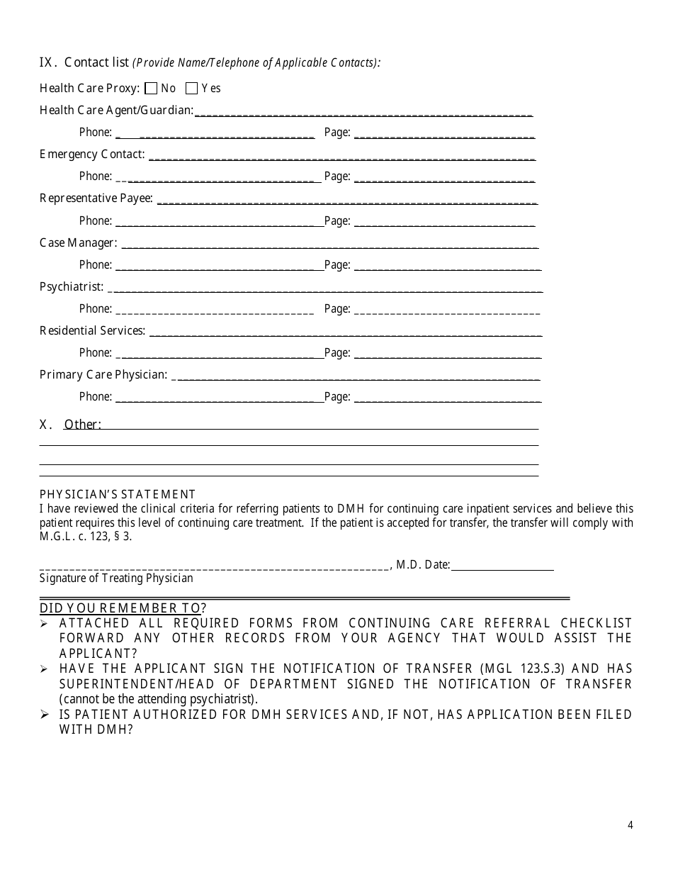 Dmh Continuing Care Referral Transfer Form for Adults - Massachusetts, Page 4