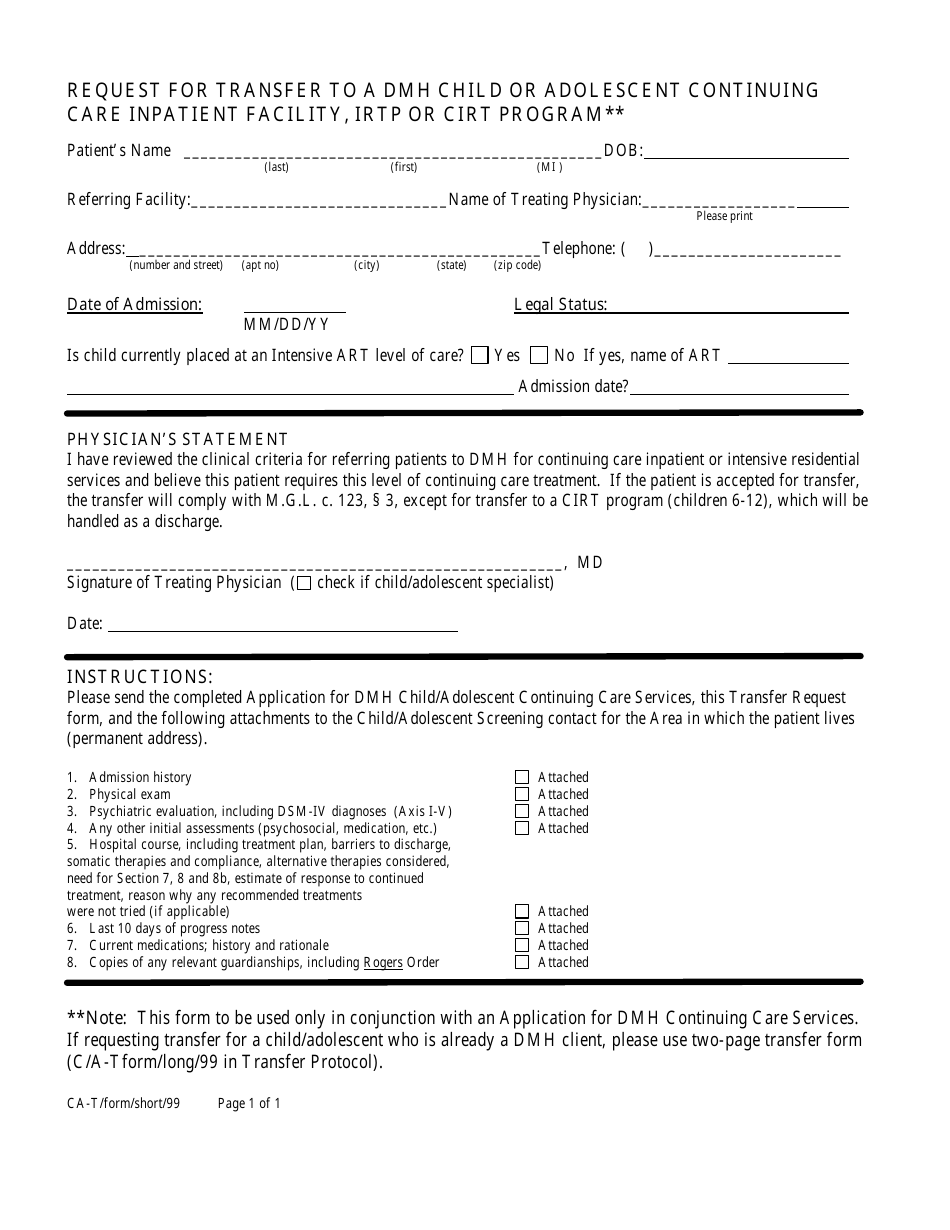 Request for Transfer to a Dmh Child or Adolescent Continuing Care Inpatient Facility, Irtp or Cirt Program - Massachusetts, Page 1