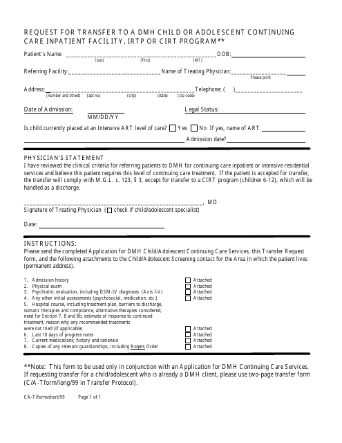 Request for Transfer to a Dmh Child or Adolescent Continuing Care Inpatient Facility, Irtp or Cirt Program - Massachusetts Download Pdf