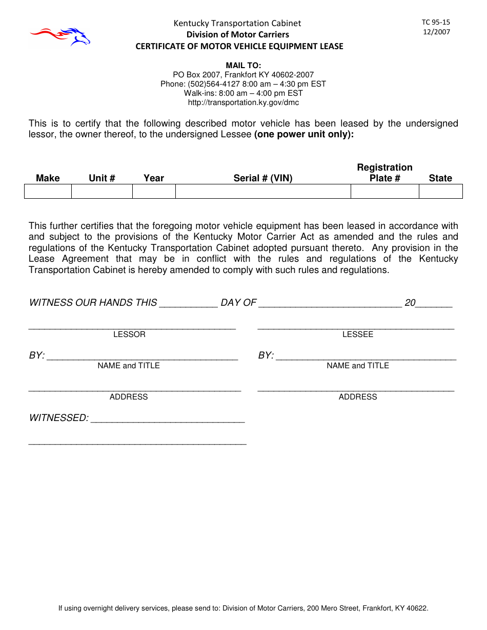 Form TC95-15 Certificate of Motor Vehicle Equipment Lease - Kentucky, Page 1