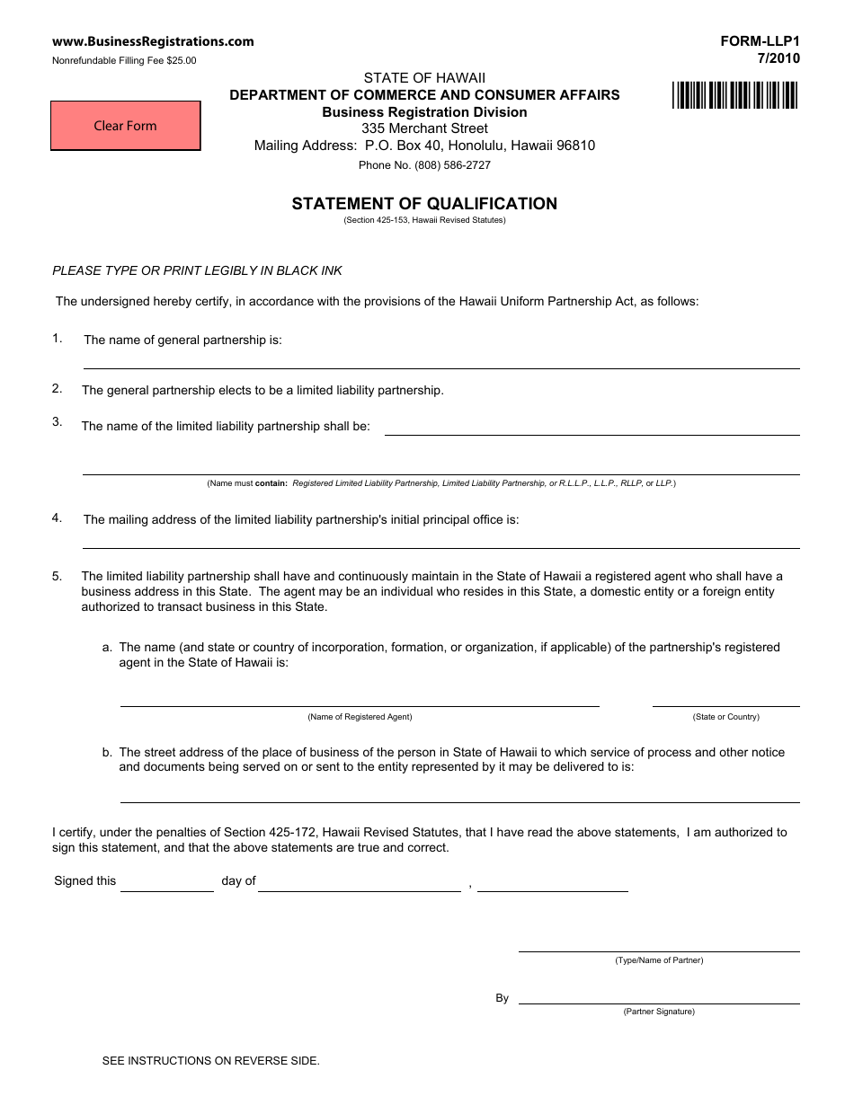 Form LLP1 Fill Out, Sign Online and Download Fillable PDF, Hawaii