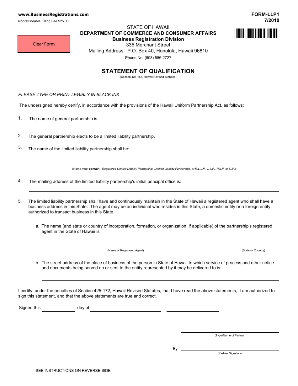 Form LLP1 Statement of Qualification - Hawaii, Page 1