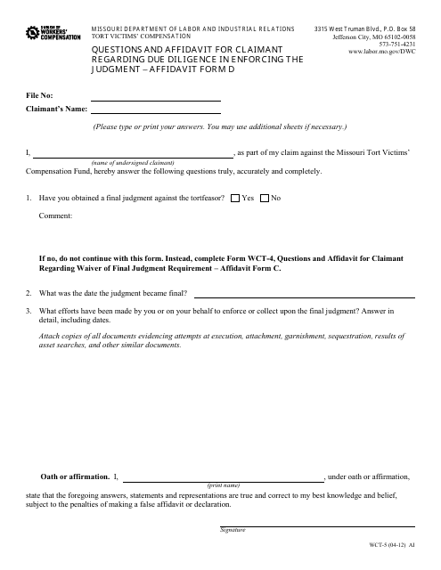 Form WCT-5 Affidavit Form D - Questions and Affidavit for Claimant Regarding Due Diligence in Enforcing the Judgment - Missouri