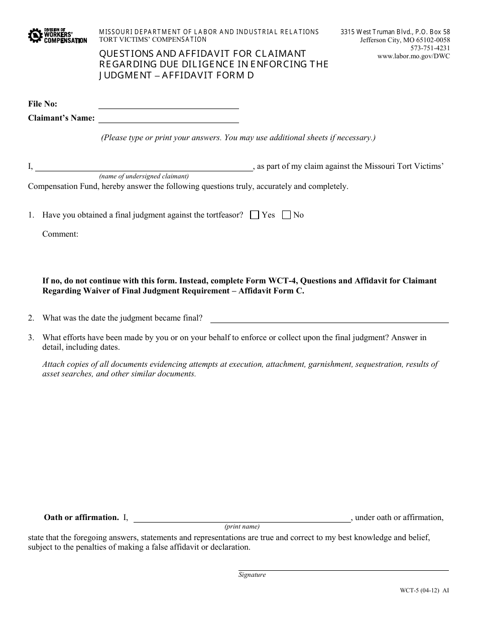Form WCT-5 Affidavit Form D - Questions and Affidavit for Claimant Regarding Due Diligence in Enforcing the Judgment - Missouri, Page 1