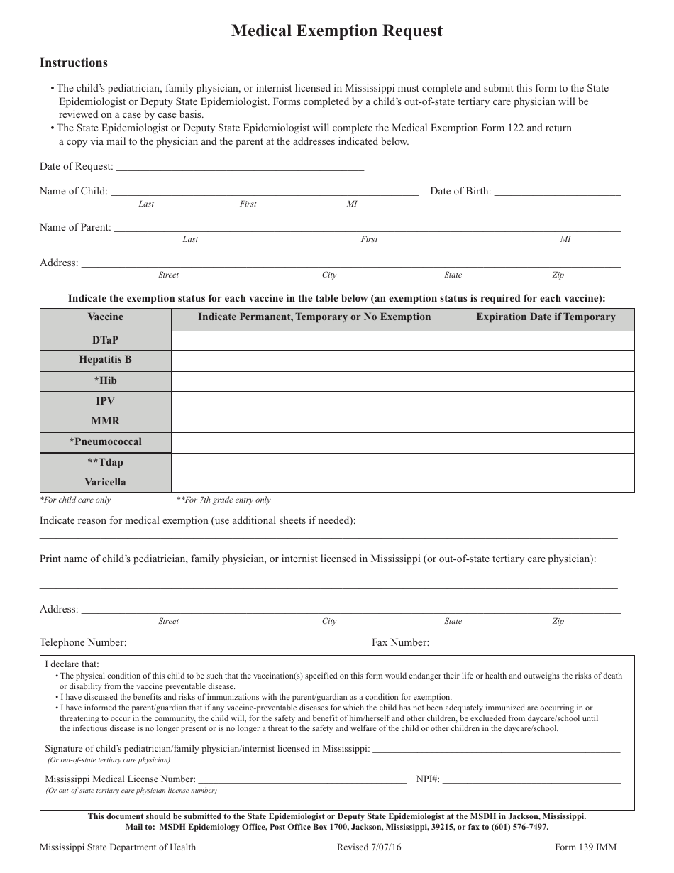Form 139 IMM Medical Exemption Request - Mississippi, Page 1