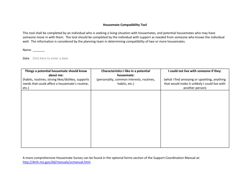 Housemate Compatibility Tool Form - Missouri, Page 1