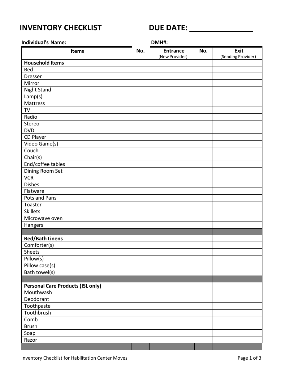 Inventory Checklist for Habilitation Center Moves - Missouri, Page 1