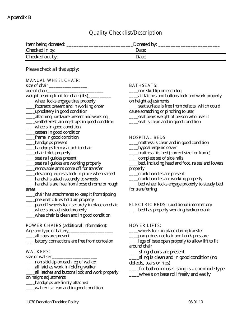 Appendix B Donation Tracking - Quality Checklist / Description - Missouri, Page 1