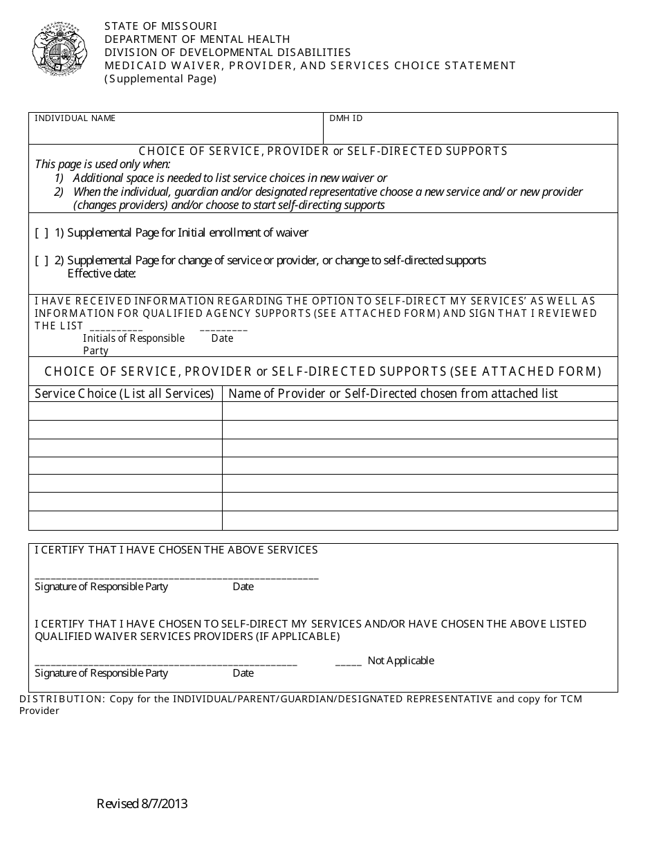 Medicaid Waiver, Provider, and Services Choice Statement Form - Missouri, Page 2