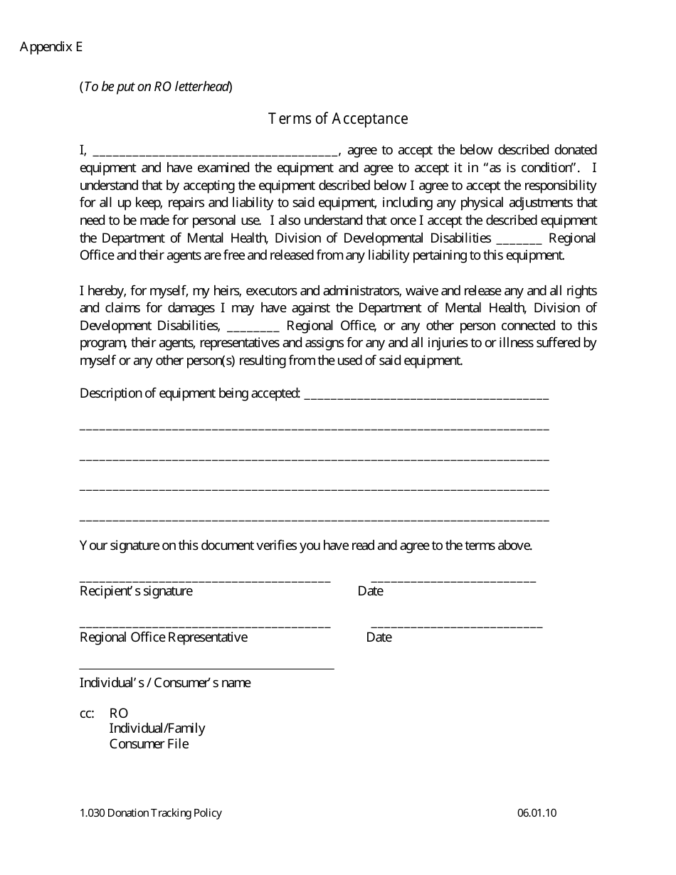 Appendix E Donation Tracking - Terms of Acceptance - Missouri, Page 1