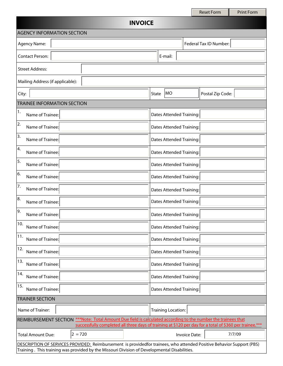 Pbs Participant Invoice Form - Missouri, Page 1