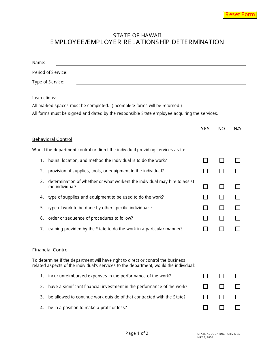 Form D-40 Employee / Employer Relationship Determination - Hawaii, Page 1