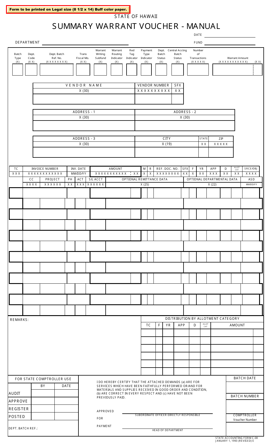 Form C-08 Summary Warrant Voucher - Manual - Hawaii, Page 1