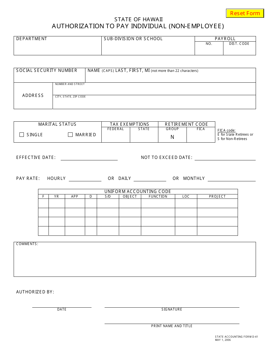 Form D-41 Authorization to Pay Individual (Non-employee) - Hawaii, Page 1