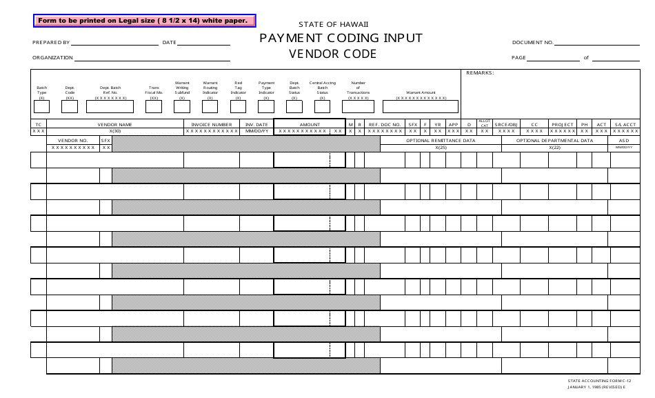 State Accounting Form C-12 Payment Coding Input - Vendor Code - Hawaii, Page 1