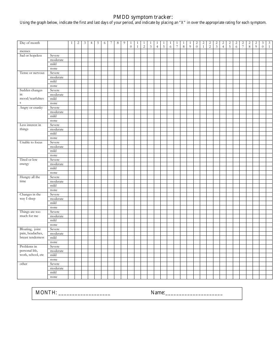 Pmdd Symptom Tracking Chart, Page 1