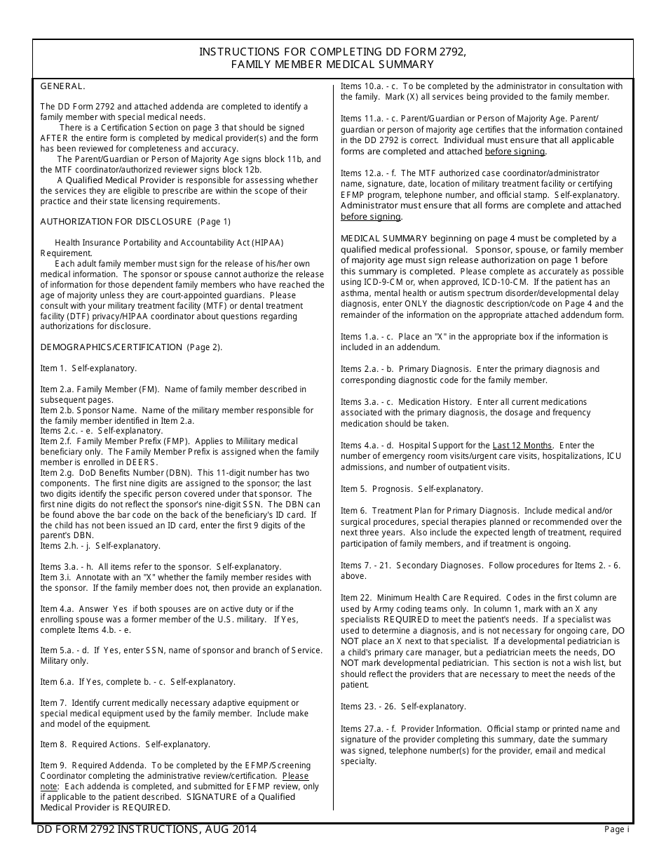 DD Form 2792 Family Member Medical Summary, Page 1