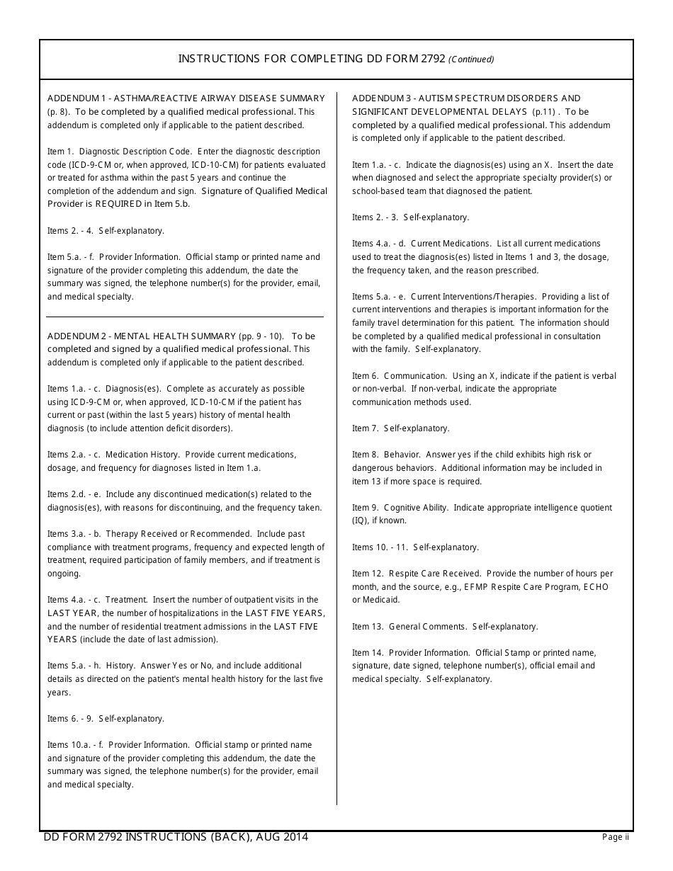 DD Form 2792 Family Member Medical Summary, Page 2