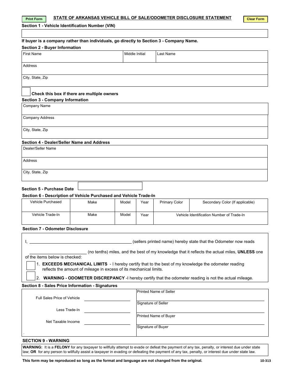 Form 10-313 Vehicle Bill of Sale/Odometer Disclosure Statement - Arkansas, Page 1