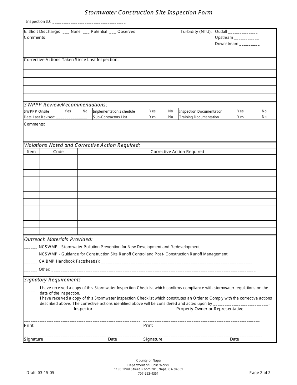 County of Napa, California Stormwater Construction Site Inspection Form ...