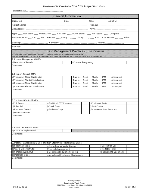 &quot;Stormwater Construction Site Inspection Form&quot; - County of Napa, California Download Pdf