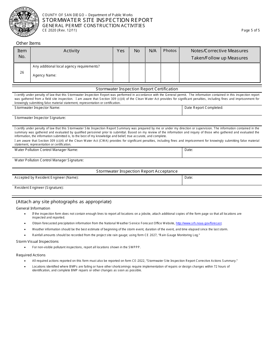 Form CE2020 Stormwater Site Inspection Report - General Permit Construction Activities - County of San Diego, California, Page 5