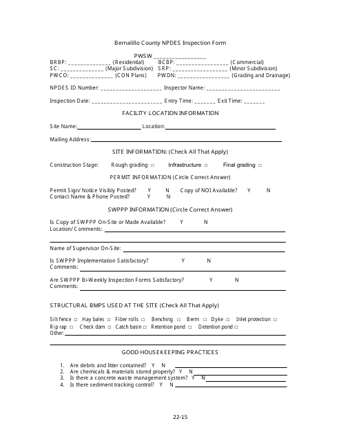 Npdes Inspection Form - Bernalillo County, New Mexico Download Pdf