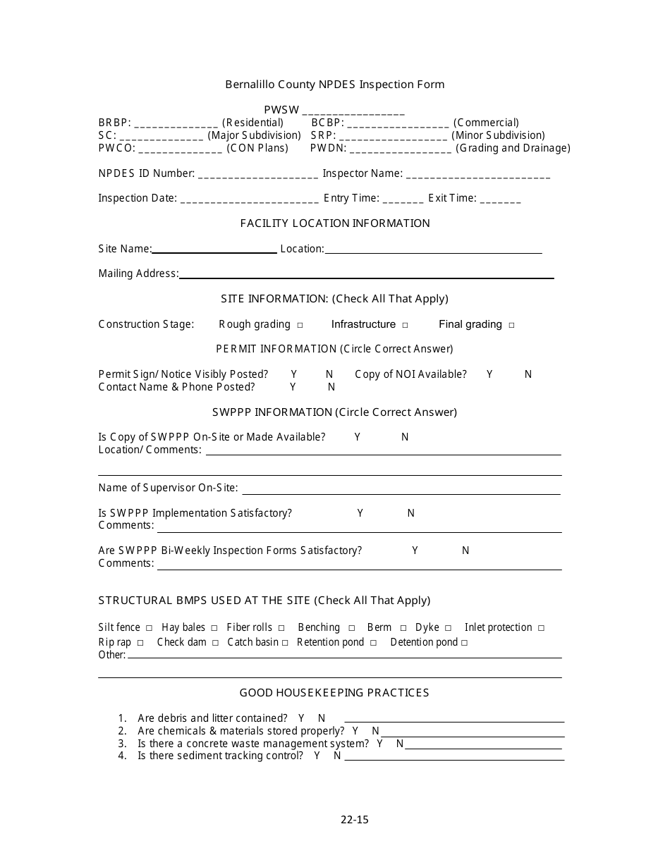 Bernalillo County, New Mexico Npdes Inspection Form - Fill Out, Sign 