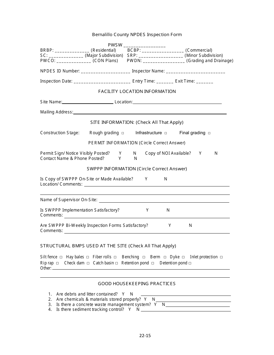 Npdes Inspection Form - Bernalillo County, New Mexico, Page 1