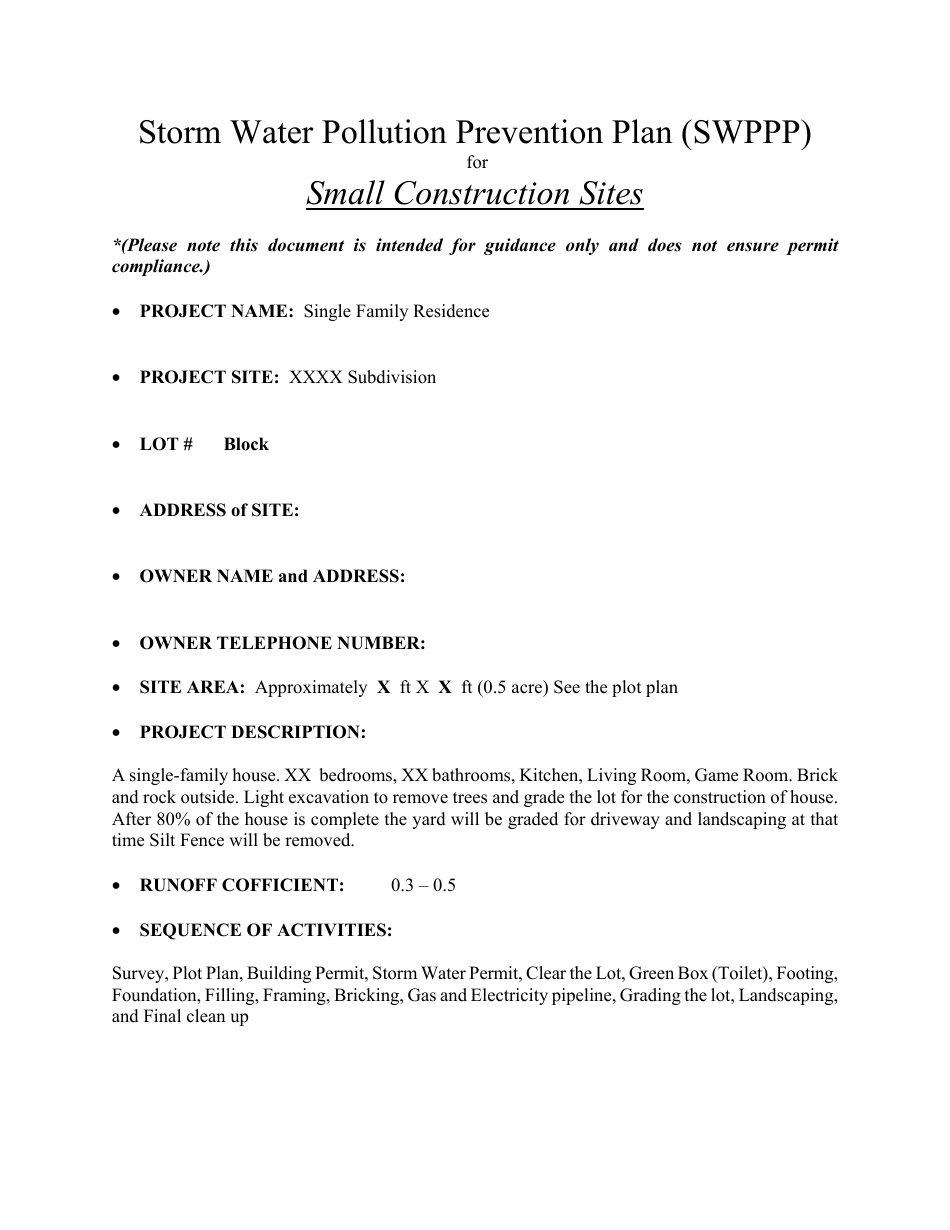 Storm Water Pollution Prevention Plan (Swppp) for Small Construction Sites - Arkansas, Page 1
