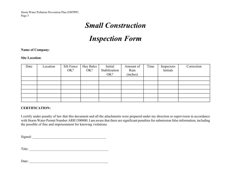 Storm Water Pollution Prevention Plan (Swppp) for Small Construction Sites - Arkansas, Page 5