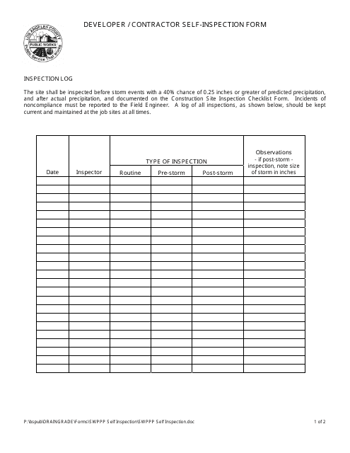 &quot;Developer/Contractor Self-inspection Form&quot; - Los Angeles county, California Download Pdf