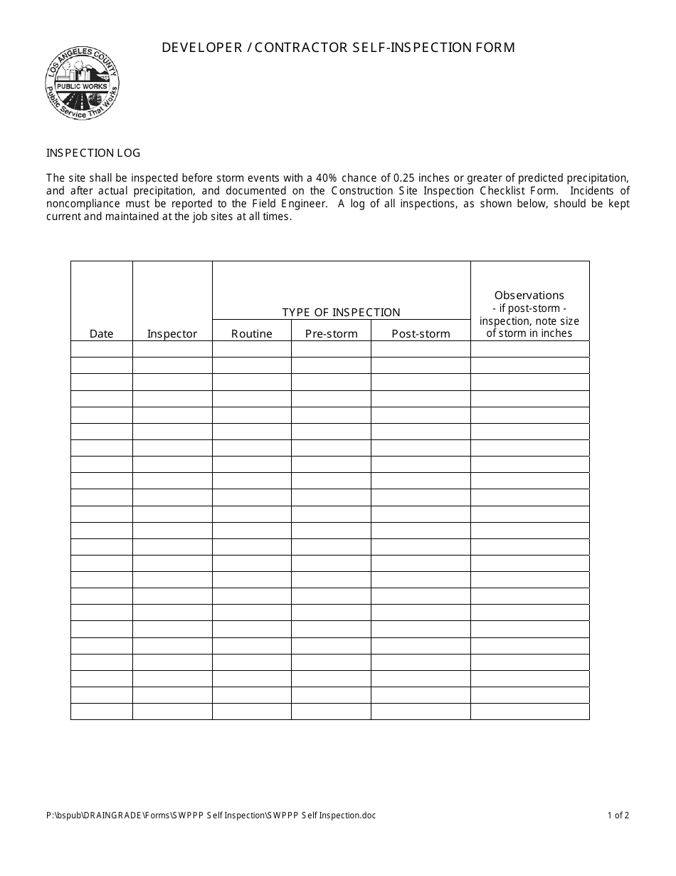 Developer/Contractor Self-inspection Form - Los Angeles county, California, Page 1